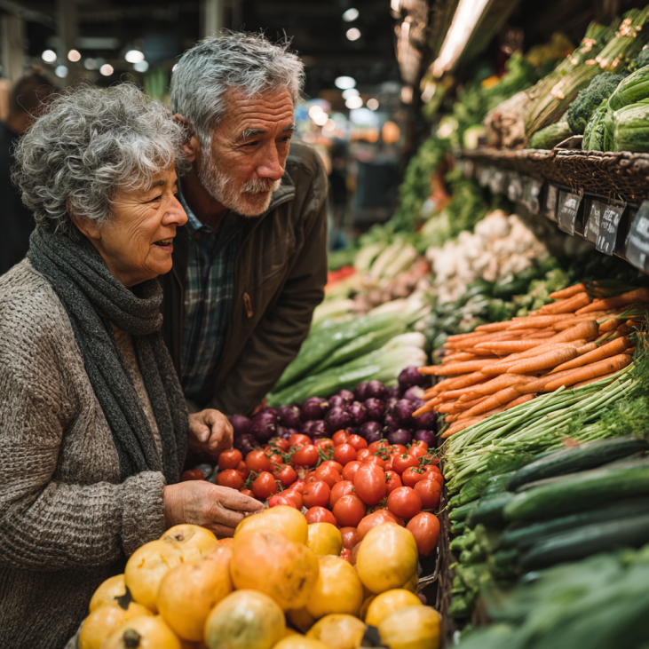 Adultos mayores disfrutando comida saludable